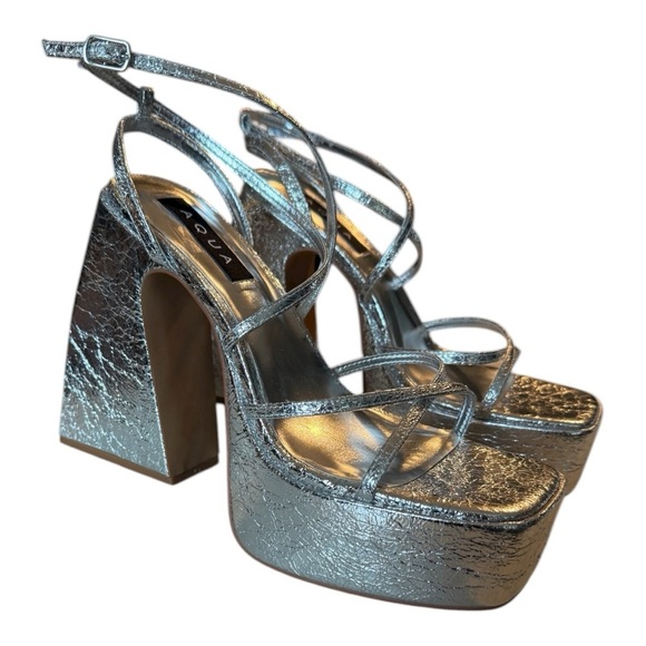 Aqua Chanc Metallic Silver High Heel Platform Sandals Square Toe Strappy NEW 9 - Picture 9 of 11